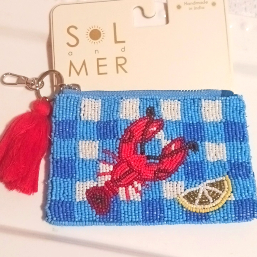 Gorgeous! Blue Beaded Gingham Check Lobster Coin Purse with Red Tassel 🦞⚜️🦞⚜️